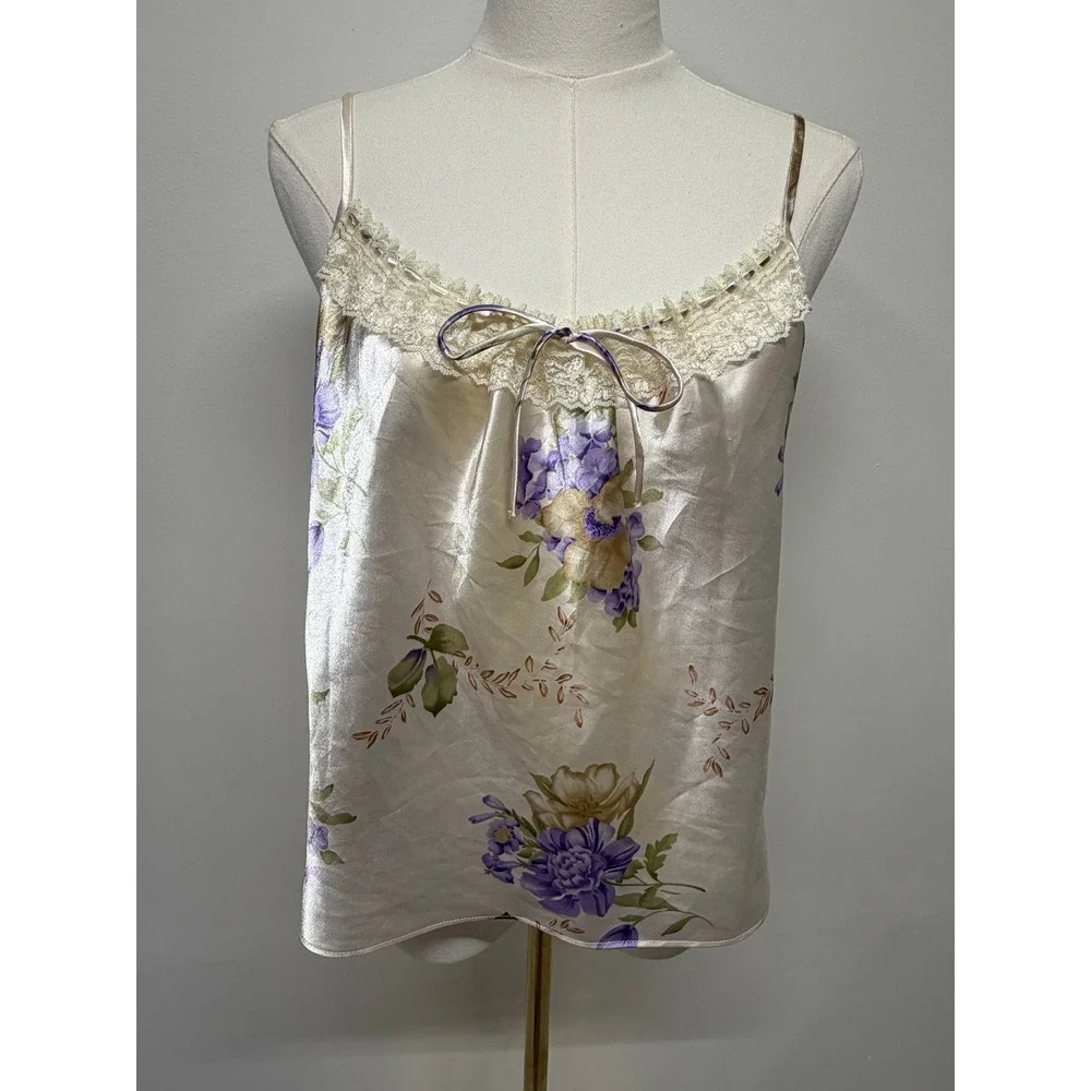 Secret Treasures Y2K Satin Floral Lace Cami Ivory Purple Bow Sleep Top Medium